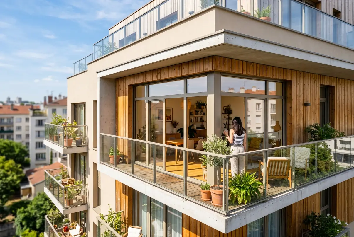 Façade d'un immeuble neuf aux balcons profonds