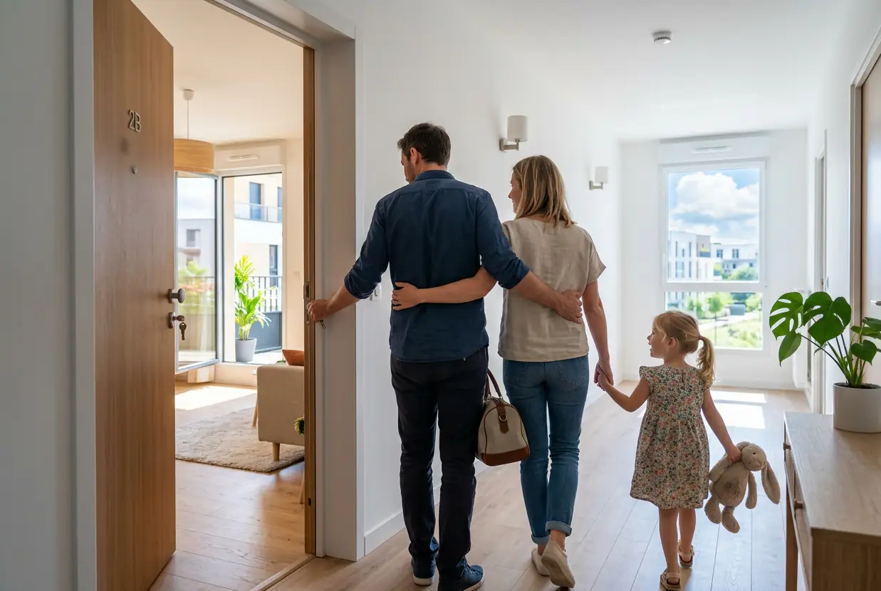 Jeune famille entrant dans son appartement neuf