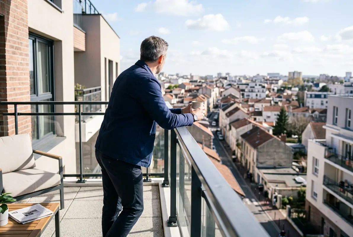 Investisseur sur le balcon d'un appartement neuf