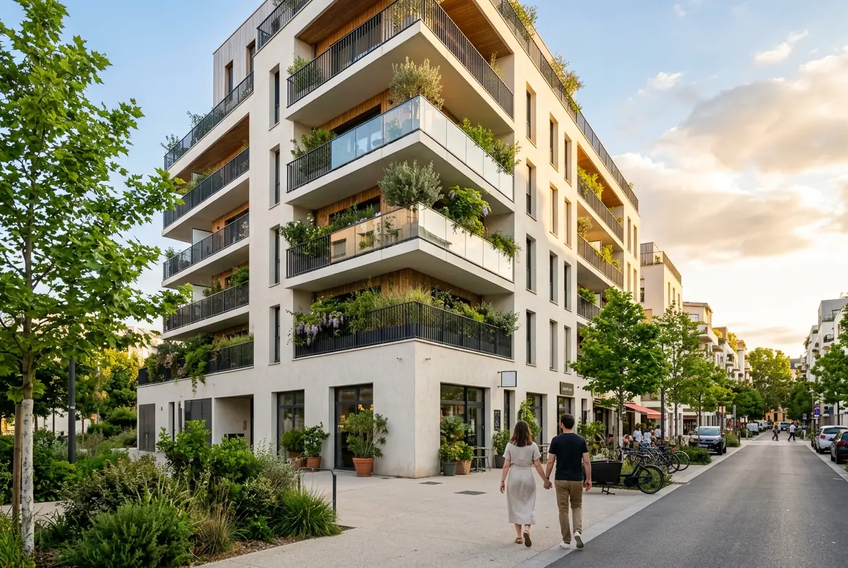 Résidence neuve aux larges balcons au soleil couchant