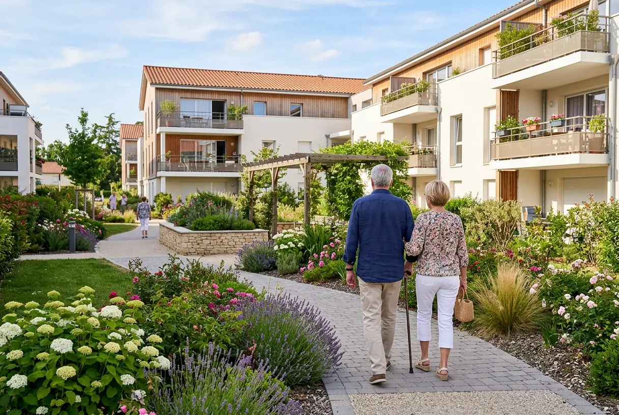 Couple de jeunes retraités dans le jardin d'une résidence neuve