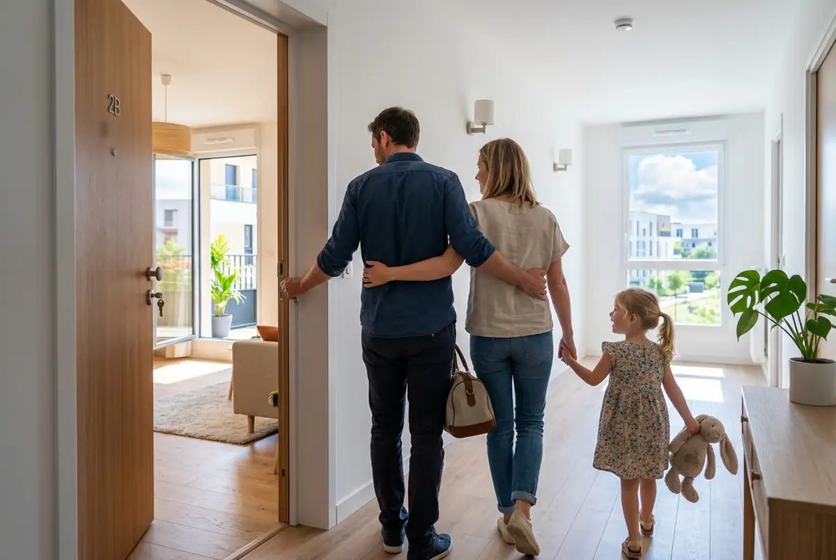 Jeune famille entrant dans son appartement neuf