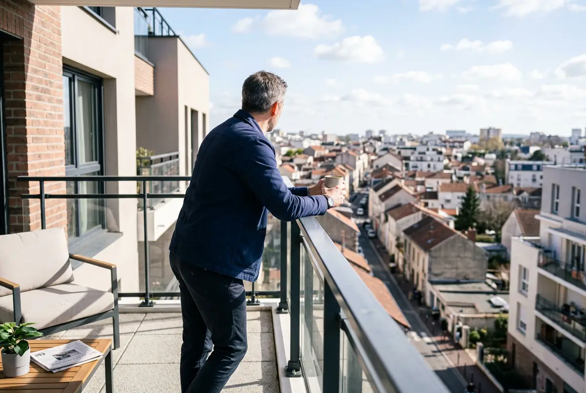 Investisseur sur le balcon d'un appartement neuf
