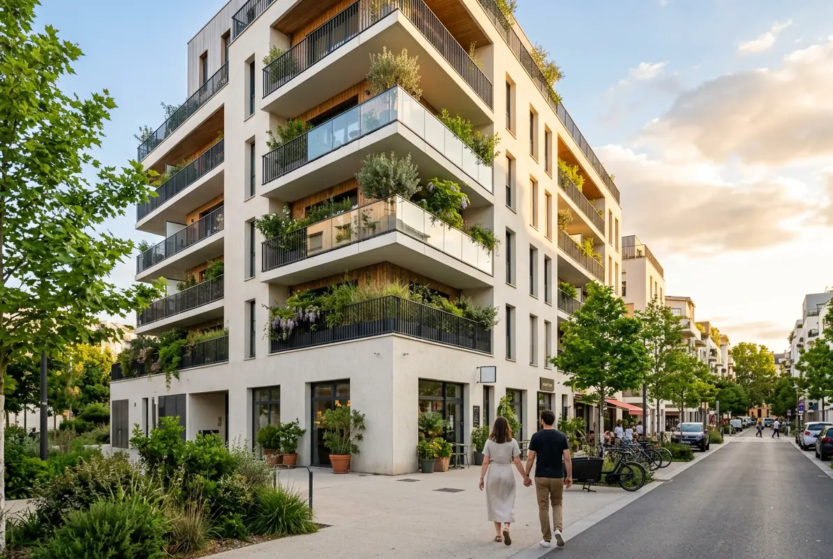 Résidence neuve aux larges balcons au soleil couchant