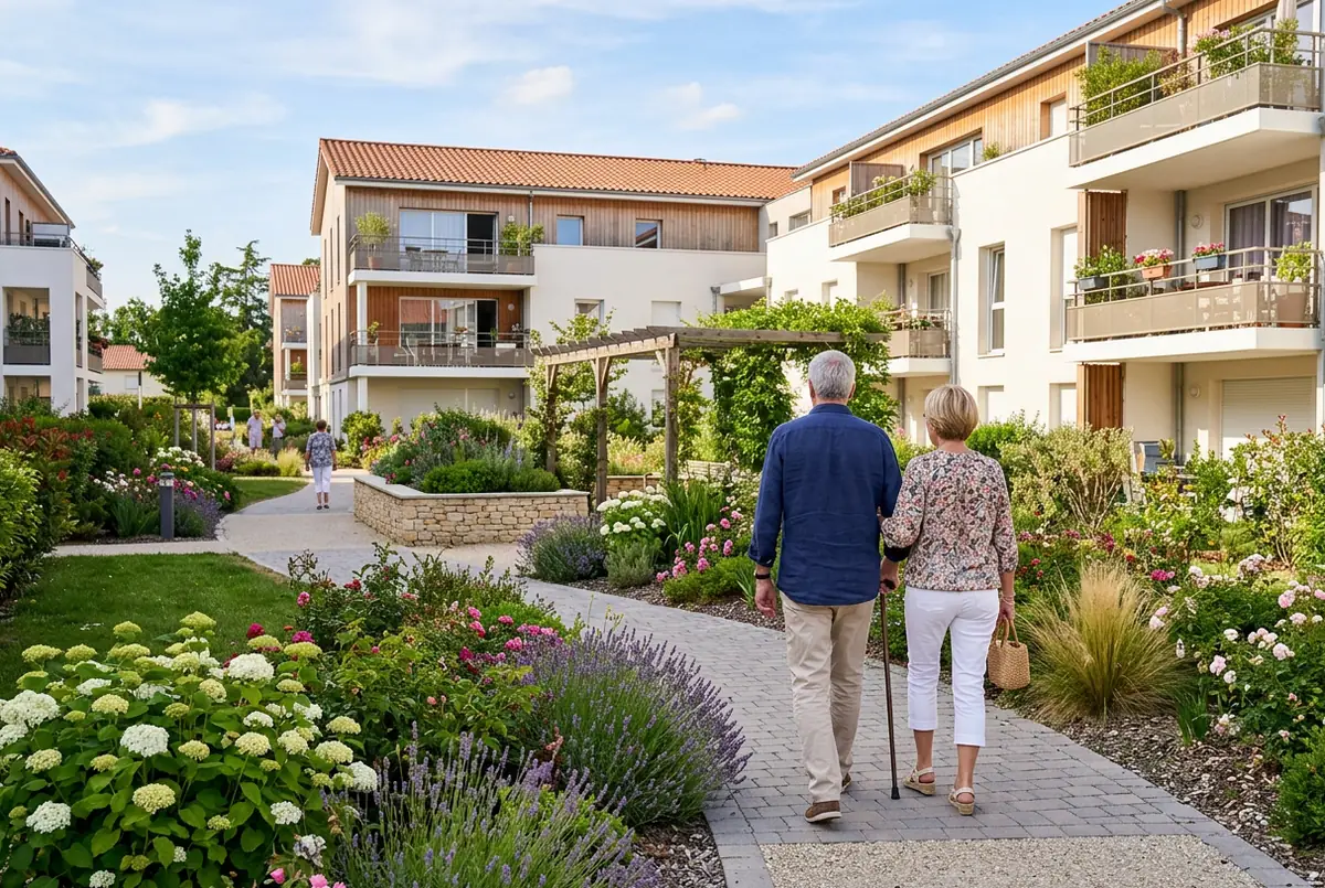 Couple de jeunes retraités dans le jardin d'une résidence neuve
